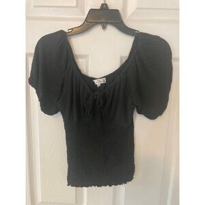 Poof New York Black Smocked Short Puff Sleeve Tie Front Sweetheart Top Large